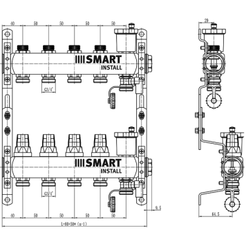Комплект коллекторов Smart Install с балансировочными и термостат. клапанами 1 х3/4 ЕК-6 вых.. 53136S-2