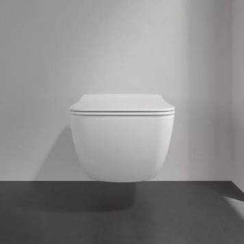 VilleroyBoch Venticello Унитаз 37.5х56х33см., подвесной, безободковый, в комплекте сиденье SlimSeat c микролифтом, CeramicPlus, цвет: альпийский белый. 4611RSR1-5