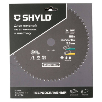 Диск пильный по алюминию и пластику SHYLD твердосплавный 185х30/20/16 мм, 64 зуба(20630)-3