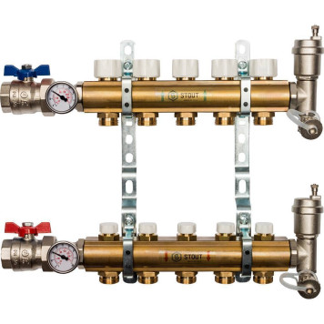 Распределительный коллектор STOUT из латуни без расходомеров на 5 выходов.