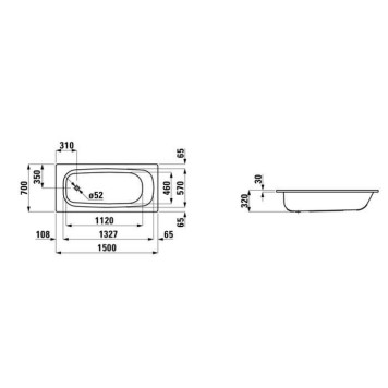 Laufen Pro Ванна встраиваемая, 150x70см., эмалированная сталь (3 мм), шумоизоляционное покрытие, без отверстий для ручек, цвет: белый. 2.2195.0.000.040.1-1