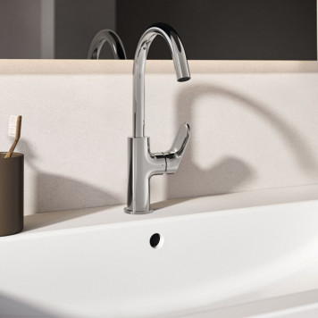 Ideal Standard Ceralife O Смеситель для раковины, на 1 отв., H21.5см., с поворотным изливом, с донным клапаном, цвет: хром. BE016AA-1