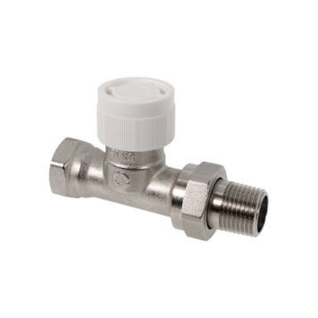 Вентиль, Oventrop, AVR 9, термостатический, с преднастройкой, прямой, DN-15, 1/2, 1/2, ВН, латунь никелированная, НГ со штуцером, белый колпачок