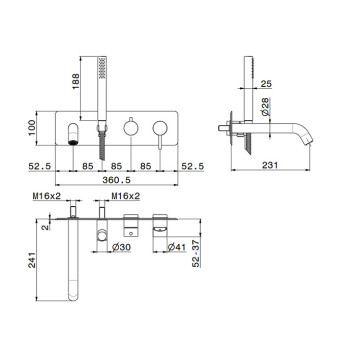 Newform X-STEEL 316 Смеситель для ванны, встраиваемый, с ручным душем, излив 23.1см, цвет: Stainless steel. 69680EX.50.050-1