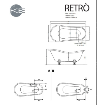 Kerasan Retro Ванна new отдельностоящая, 170х77/66см, глубина ванны 44,5см, цвет: белый, ножки золото-1