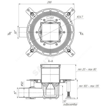 Трап рег гор/вып комб/затв Дн50 H75 нерж п/плит 100х100 АНИ Пласт TVZ5802-2