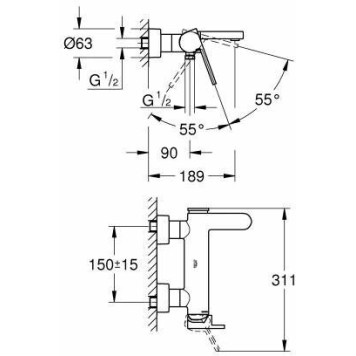 33553003 Plus Смеситель для ванны, настенный монтаж, 1/2″, хром 33553003-1
