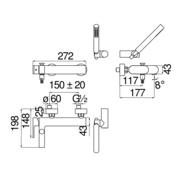 UP94110BM UP смеситель для ванны с душевым набором, матовый черный UP94110BM-1