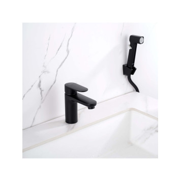 AQ1812MB НИКА смеситель для раковины 90 без донного клапана с гигиеническим ручным душем, матовый черный AQ1812MB-4