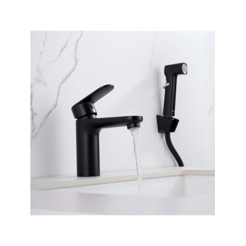 AQ1812MB НИКА смеситель для раковины 90 без донного клапана с гигиеническим ручным душем, матовый черный AQ1812MB-6