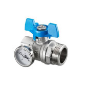 Шаровой кран с плоским уплотнением Ду25,  G1BP x G1HP, с термометром (0–80 °C), с синей рукояткой