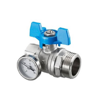 Шаровой кран с плоским уплотнением Ду25, G1BP x G1HP, с термометром (0–80 °C), с синей рукояткой