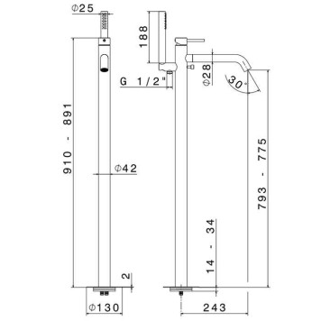 Newform X-STEEL 316 Смеситель для ванны напольный, излив 243 мм, в комплекте руч. душ, шланг, без встраиваемой части, цвет: INOX. 69684EX.50.050-4