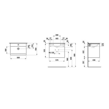 Laufen Palace Комплект мебели 600х450х545 мм., с раковиной Slim, 2 ящика, органайзер для ящика, ручка анодированный алюминий, цвет: белый матовый. 8.6070.2.260.104.1-1