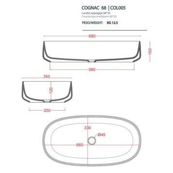 ArtCeram Cognac Раковина 68х35 см, без отв., накладная, без слив-перелива, цвет: белый матовый-1