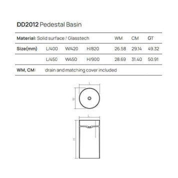 Dea Design Pedestal Basin Раковина 45х45х90см., напольная, без отв., Solid Surface, цвет: Black №16. DD2012 450 16-1