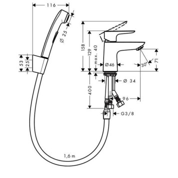 Hansgrohe Talis E, Смеситель для раковины с гигиеническим душем, с донным клапаном, Цвет: хром. 71729000-1