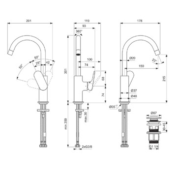 Ideal Standard Ceralife O Смеситель для раковины, на 1 отв., H21.5см., с поворотным изливом, с донным клапаном, цвет: хром. BE016AA-7