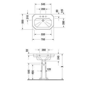 Duravit 1930 Раковина подвесная 70х50х Н: 20.5см., на 3 отв., с покрытием WonderGliss, цвет: белый-1