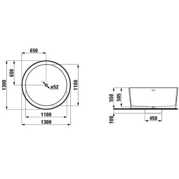 Laufen VAL Ванна 130x130x50.5см, отдельностоящая, круглая, с слив-переливом, материал: композит, цвет: белый. 2.3128.2.000.000.1-4