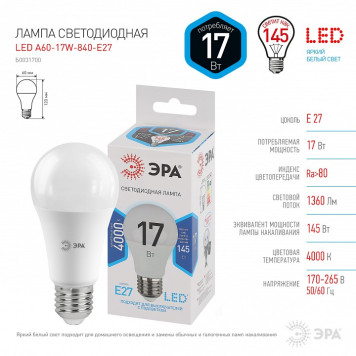 Лампа светодиодная Эра Стандарт LED A60-17W-840-E27-4