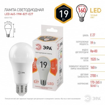 Лампа светодиодная Эра Стандарт LED A65-19W-827-E27-6