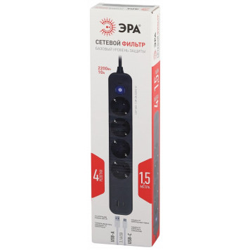 Удлинитель с выключателем Эра USF-4es-1,5m-2xUSBAC-B-1