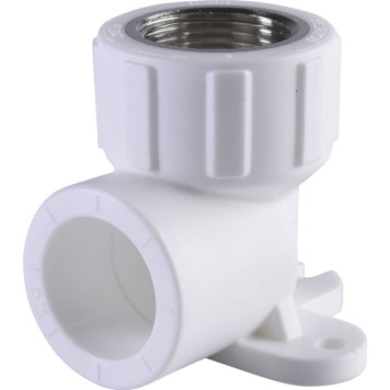 Угольник Политэк 25х3/4 с внутренней резьбой и креплением для полипропиленовых труб под сварку (белый)