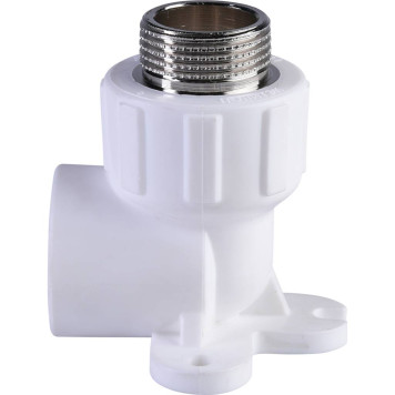 Политэк Угольник 25х3/4 с наружной резьбой для полипропиленовых труб (белый) с креплением под сварку-1