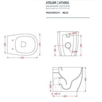 Artceram Atelier Унитаз напольный, 52х37хh42см, безободковый, слив универсальный, с крепежом, цвет: белый-1