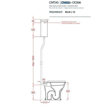 Artceram CIVITAS Унитаз 36х54см., с высоким бачком и трубой хром, с механизмом с цепочкой и ручкой, с сиденьем, микролифт, цвет: белый. HEA006 71, CIV002 01 00, CIC006 01 00-1