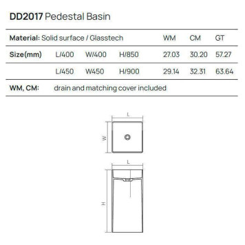 Dea Design Pedestal Basin Раковина 45х45х90см., напольная, без отв., Solid Surface, цвет: White №18. DD2017 450 18-2