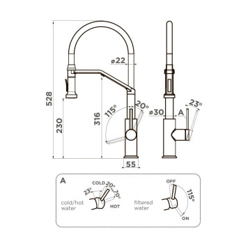 Omoikiri Makkari 2 Plus-SB-GM-BL Смеситель для кухни с выдв. изл. и подкл. фил., вор. ст./ч. 4994497-1