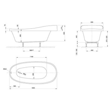 Knief Relax Fit Ванна 0400-268 встроенная 180x85x62см с ножками (перелив стандартный), без слива-перел, цвет: белый (продается со сливом 0100-091-06). 0100-091-06, 0400-278-2