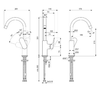 Ideal Standard Ceralife O Смеситель для раковины H21.5см., на 1 отв., с поворотным изливом, без донного клапана, цвет: хром. BE015AA-7