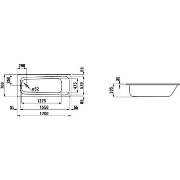 Laufen Pro Ванна встраиваемая, 170x70см., эмалированная сталь (3,5 мм), шумоизоляционное покрытие, без отверстий для ручек, цвет: белый. 2.2495.0.000.040.1-1