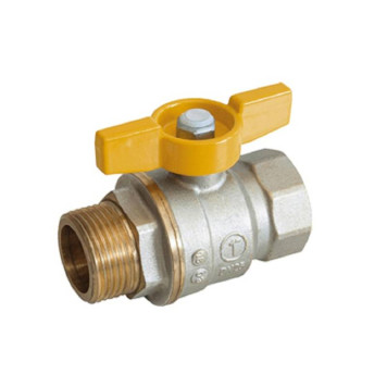 Кран шаровой полнопроходной, резьба внутренняя/наружная 1/2, никелированный, для газа, ручка - бабочка желтая.
