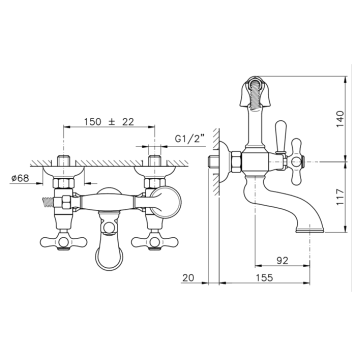 Nicolazzi Nuova Brenta Смеситель для ванны с 2мя ручками, настенный, с душевой лейкой, цвет: бронза-1