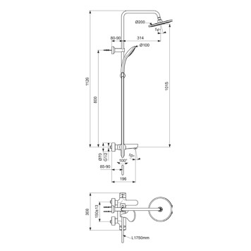 Ideal Standard IdealRain Cerafine O Душевая система с настенным смесителем, верхним душем Oslash;20см., держателем, лейкой для душа и шлангом 175см., цвет: хром. BC525AA-2