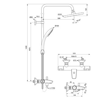 Ideal Standard Ceratherm T25 Душевая система с термостатическим смесителем, верхним душем Oslash;20см., держателем, лейкой для душа и шлангом 160см., цвет: хром. A7590AA-5