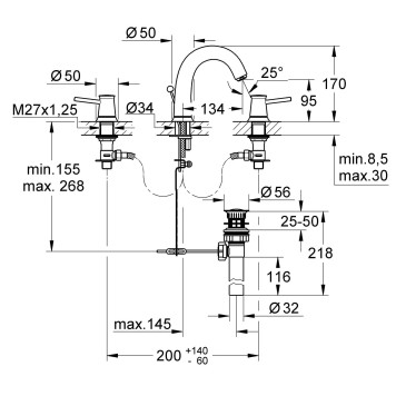 20470000 BauClassic Смеситель для раковины двухвентильный, на 3 отверстия, монтаж на раковину, хром 20470000-1