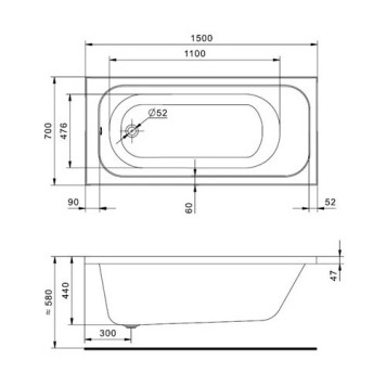 1.WH50.1.746 ЛАММА 150х70 Ванна акриловая прямоугольная (NEW) 1.WH50.1.746-3