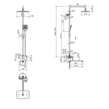 AQ2840MB НИКА душевая система (смеситель для ванны) 3 jet 300х193 мм с длинным изливом, матовый черный AQ2840MB-1