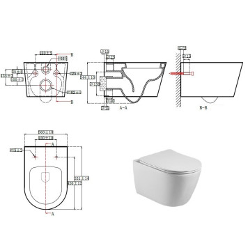 AQ1253W-00 БЕТТА Унитаз подвесной безободковый 531360344мм, тонкое сиденье с механизмом плавного закрывания, крепеж AQ1253W-00-6