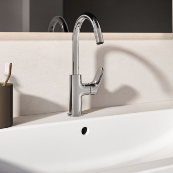 Ideal Standard Ceralife O Смеситель для раковины H21.5см., на 1 отв., с поворотным изливом, без донного клапана, цвет: хром. BE015AA-2