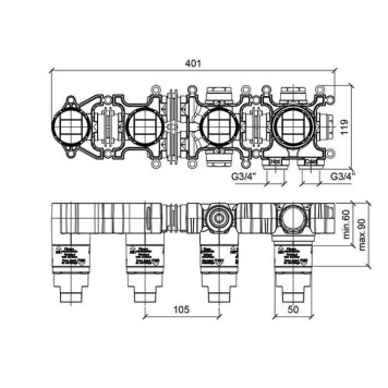 Almar Modular Встраиваемая часть однорычажного смесителя с переключателем на 2 положения, горизонтальный модуль для ванны-1