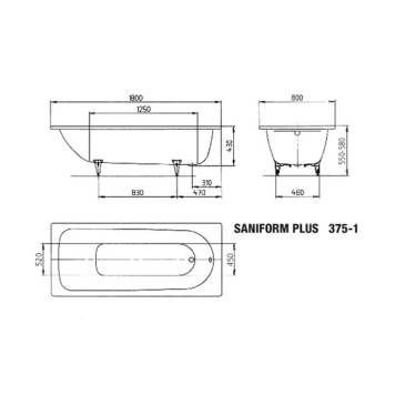 Kaldewei Saniform Plus Ваннa встраиваемая 180х80см, мод.375-1, цвет: белый. 581470000000, 112800010001-4