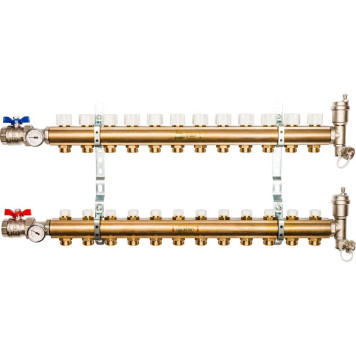 Распределительный коллектор STOUT из латуни без расходомеров на 12 выходов.