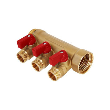 Коллектор латунный никелированный Hoobs 3/4 х3х1/2 EK с шаровыми кранами красные флажки 3 выхода. HB-6200R6H0504R3A