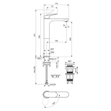Ideal Standard Ceralife O Смеситель для раковины, на 1 отв., H24см., высокий, технология BlueStart, с донным клапаном Click Clack, цвет: хром. BE013AA-7